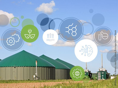 Fotocollage mit Biogasanlage und Piktogrammen zu Forschung, Wissenschaft, Landwirtschaft und Umweltwissenschaften, Quelle: Achim Bank, stas111, Julien Eichinger/Adobe.Stock