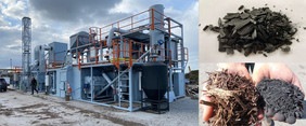 Unsere Ablative -SchnelFPyrolyseanlage in Kalifornien, USA (Bild links) und das Holz vor und nach der Pyrolyse in dieser Anlage (Bild unten rechts). Das pyrolysierte Holz (Bild oben rechts) stammt aus unserer Laboranlage für eine Pyrolyse. (bioenergy concept GmbH)