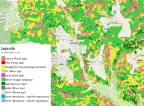 Kartenausschnitt zu den dominierenden Baumarten mit einer Übersicht der kartierten Baumarten. Quelle: https://atlas.thuenen.de 